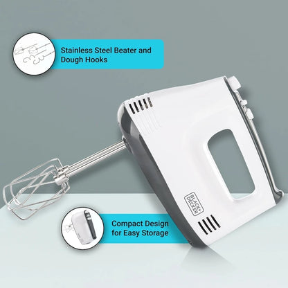Black & Decker 300W Hand Mixer – 5-Speed Electric Mixer with Turbo Boost, Stainless Steel Beaters & Dough Hooks, Lightweight Design – Ideal for Baking, Whipping & Mixing – White & Grey - M350-B5 - Damoo