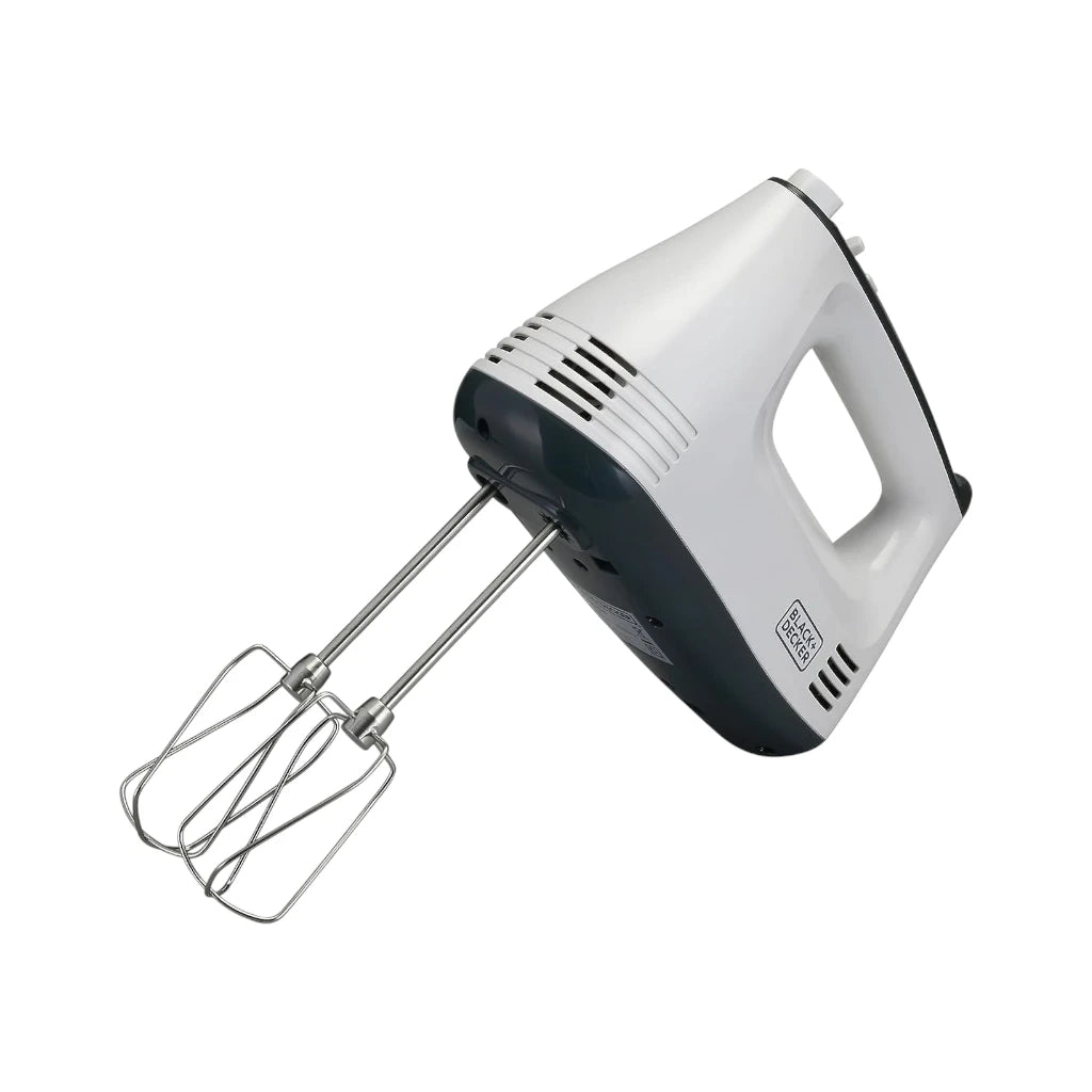 Black & Decker 300W Hand Mixer – 5-Speed Electric Mixer with Turbo Boost, Stainless Steel Beaters & Dough Hooks, Lightweight Design – Ideal for Baking, Whipping & Mixing – White & Grey - M350-B5 - Damoo