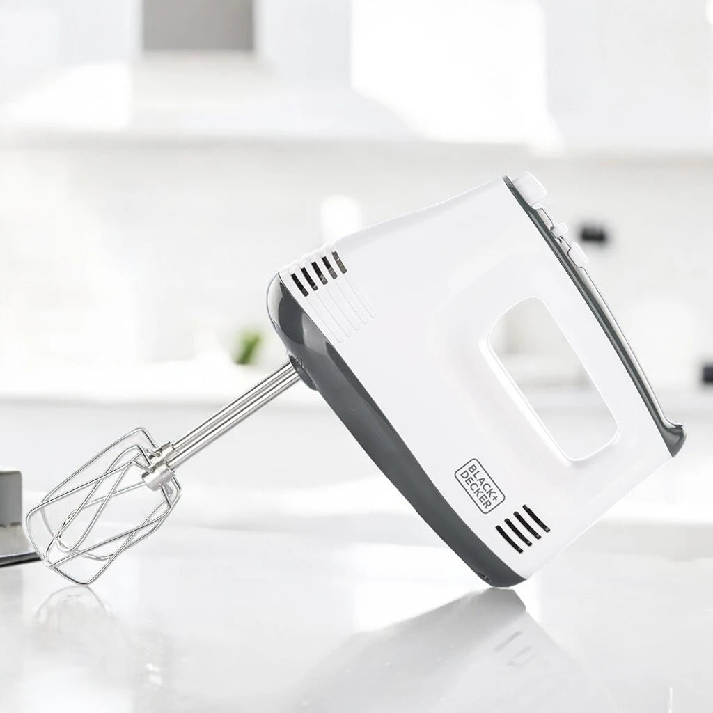 Black & Decker 300W Hand Mixer – 5-Speed Electric Mixer with Turbo Boost, Stainless Steel Beaters & Dough Hooks, Lightweight Design – Ideal for Baking, Whipping & Mixing – White & Grey - M350-B5 - Damoo