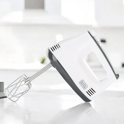 Black & Decker 300W Hand Mixer – 5-Speed Electric Mixer with Turbo Boost, Stainless Steel Beaters & Dough Hooks, Lightweight Design – Ideal for Baking, Whipping & Mixing – White & Grey - M350-B5 - Damoo
