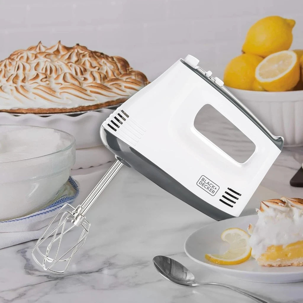 Black & Decker 300W Hand Mixer – 5-Speed Electric Mixer with Turbo Boost, Stainless Steel Beaters & Dough Hooks, Lightweight Design – Ideal for Baking, Whipping & Mixing – White & Grey - M350-B5 - Damoo