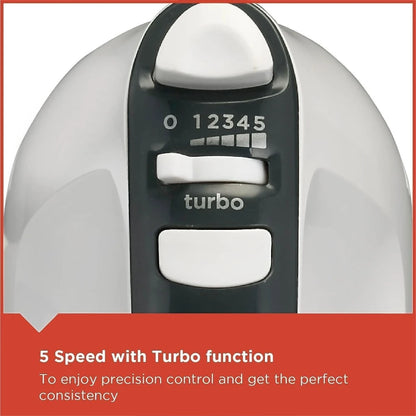 Black & Decker 300W Hand Mixer – 5-Speed Electric Mixer with Turbo Boost, Stainless Steel Beaters & Dough Hooks, Lightweight Design – Ideal for Baking, Whipping & Mixing – White & Grey - M350-B5 - Damoo