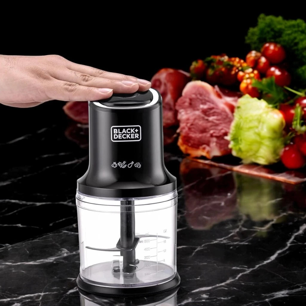 black+decker 500W Vertical Chopper – Powerful Electric Chopper with 4 Stainless Steel Blades, 500ml Capacity, Chrome Trim, Compact Design, Easy to Use, Black – FC500-B5 - Damoo