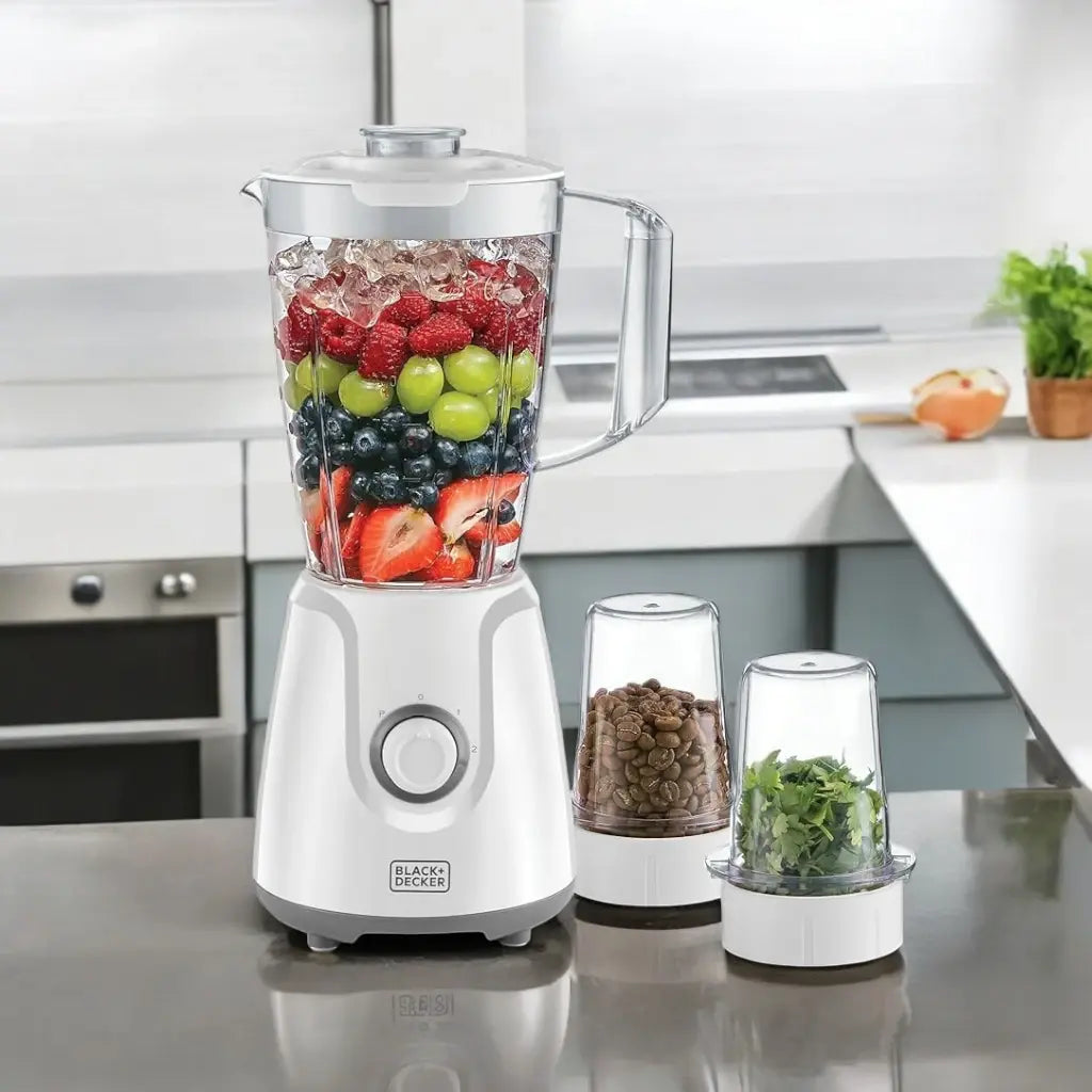 Black+Decker Blender with 1.5L Jar, Grinder Mill & Chopper Mill – 2-Speed Control + Turbo, Stainless Steel Blades, 400W, Overheat Protection, Safety Lock, Compact Design – BX4000-B5 – White - Damoo