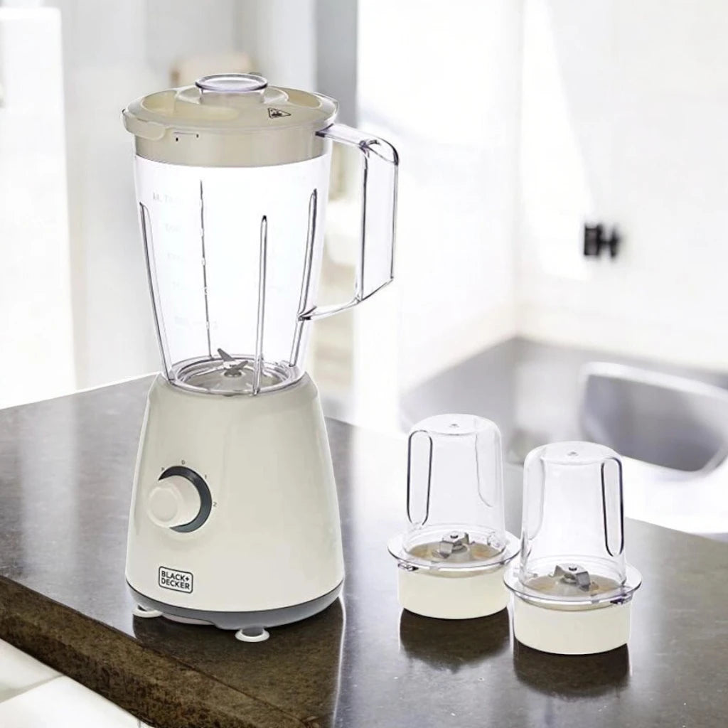 Black+Decker Blender with 1.5L Jar, Grinder Mill & Chopper Mill – 2-Speed Control + Turbo, Stainless Steel Blades, 400W, Overheat Protection, Safety Lock, Compact Design – BX4000-B5 – White - Damoo