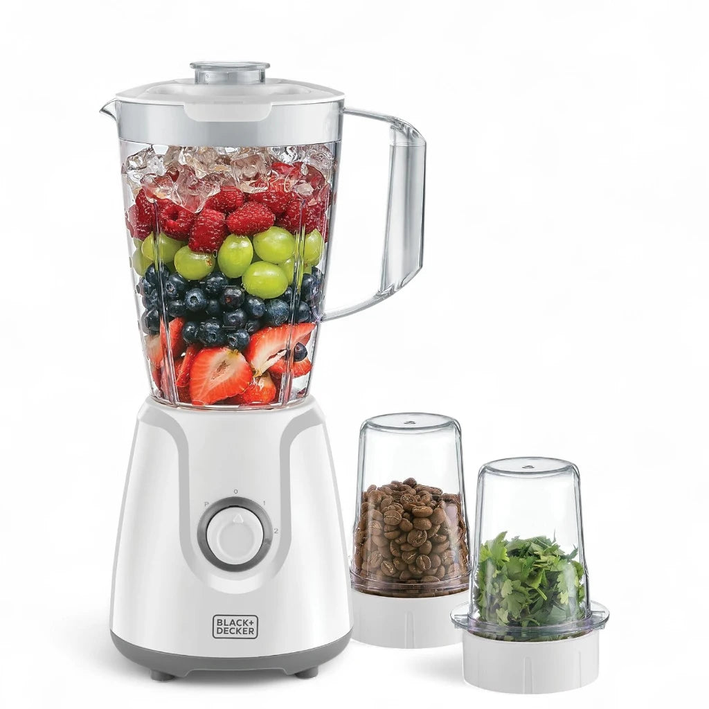 Black+Decker Blender with 1.5L Jar, Grinder Mill & Chopper Mill – 2-Speed Control + Turbo, Stainless Steel Blades, 400W, Overheat Protection, Safety Lock, Compact Design – BX4000-B5 – White - Damoo