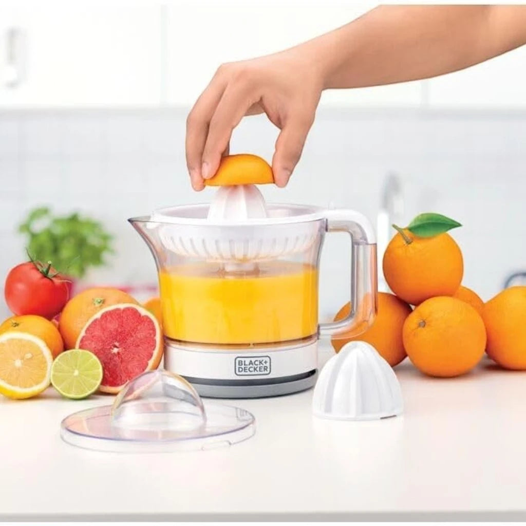 Black+Decker Citrus Juicer – 25W Electric Orange & Lemon Juicer with 600ML Capacity, Two-Way Spin, Adjustable Pulp Control, Dust Cover, Anti-Slip Base, Cord Wrap – CJ675-B5 – White - Damoo