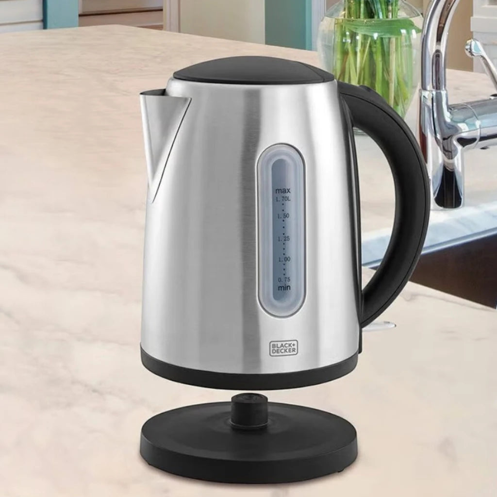 Black+Decker Cordless Electric Kettle 1.7L - JC450-B5 – 2200W Stainless Steel Kettle with Auto Shut-Off, Boil-Dry Protection, Removable Filter & 360° Swivel Base – Silver/Black - Damoo