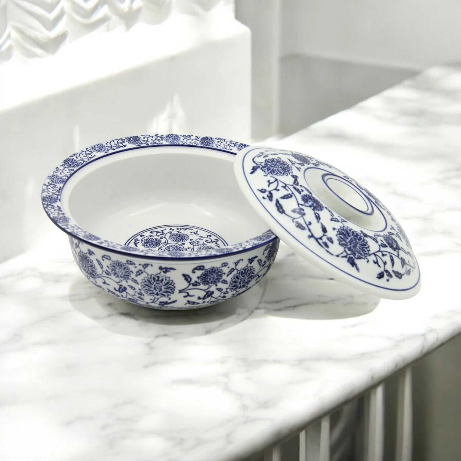 Blue and White Floral Lidded Serving Bowl – Elegant Decorative Bowl for Rice, Salads, and Hot Dishes - Damoo