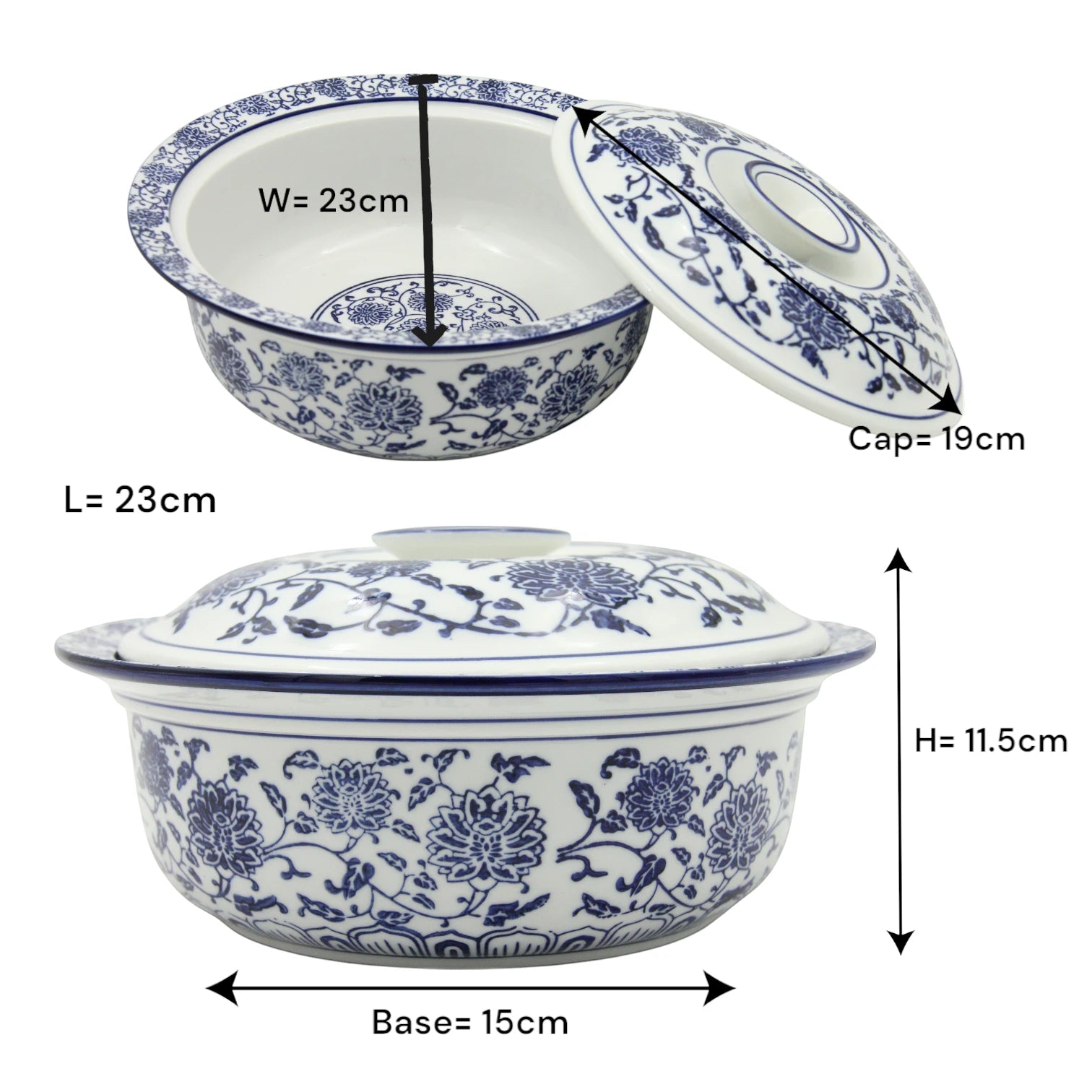 Blue and White Floral Lidded Serving Bowl – Elegant Decorative Bowl for Rice, Salads, and Hot Dishes - Damoo