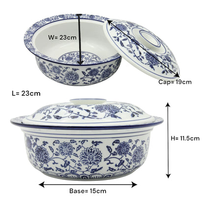 Blue and White Floral Lidded Serving Bowl – Elegant Decorative Bowl for Rice, Salads, and Hot Dishes - Damoo