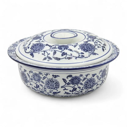 Blue and White Floral Lidded Serving Bowl – Elegant Decorative Bowl for Rice, Salads, and Hot Dishes - Damoo