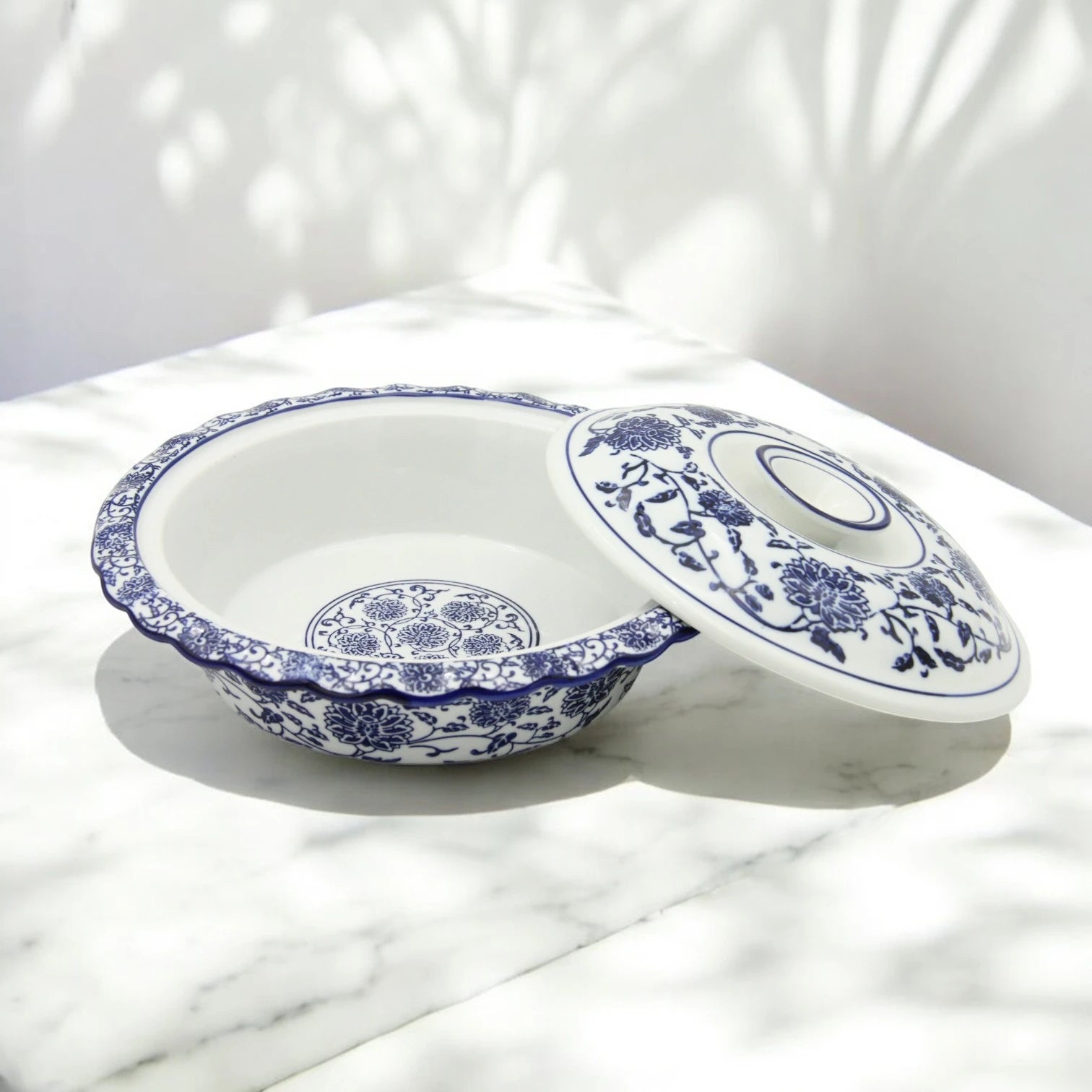 Blue & White Floral Serving Bowl with Lid – Elegant serving Dish for Rice, Salads, and Traditional Meals - Damoo