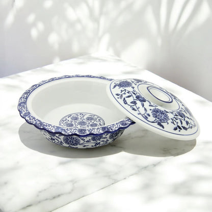 Blue & White Floral Serving Bowl with Lid – Elegant serving Dish for Rice, Salads, and Traditional Meals - Damoo