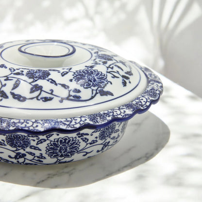 Blue & White Floral Serving Bowl with Lid – Elegant serving Dish for Rice, Salads, and Traditional Meals - Damoo