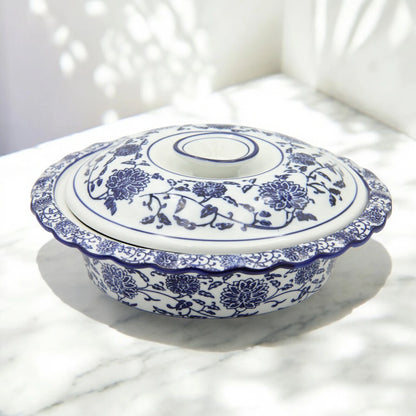 Blue & White Floral Serving Bowl with Lid – Elegant serving Dish for Rice, Salads, and Traditional Meals - Damoo