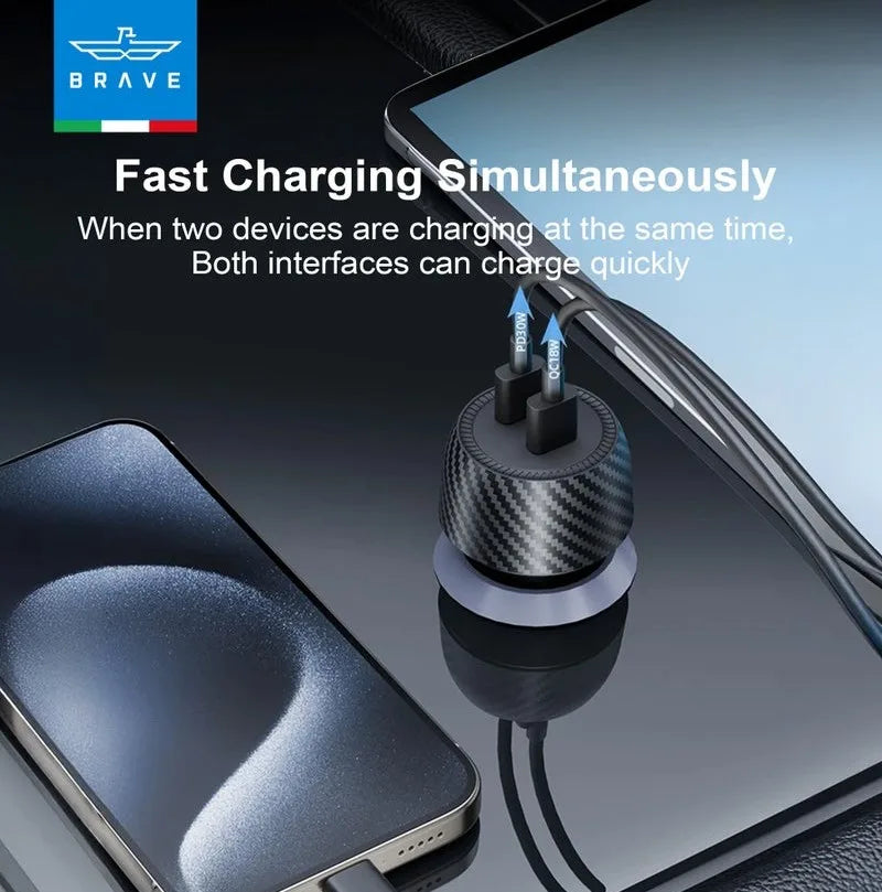 Brave 48W USB-C Car Charger – Dual Port Fast Charging Adapter with QC 3.0 + 100W Type-C Cable | Compatible with iPhone 16/15/14, Samsung S24/S23, iPad, AirPods & More - Damoo