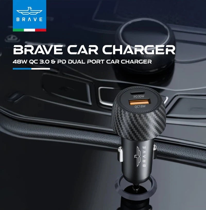 Brave 48W USB-C Car Charger – Dual Port Fast Charging Adapter with QC 3.0 + 100W Type-C Cable | Compatible with iPhone 16/15/14, Samsung S24/S23, iPad, AirPods & More - Damoo