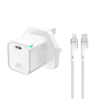 BRAVE GaN 20W PD Fast Charger | Compact USB-C Adapter with QC3.0 & Smart Protection | Includes Type-C to Lightning Cable - Damoo
