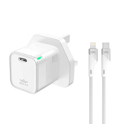 BRAVE GaN 20W PD Fast Charger | Compact USB-C Adapter with QC3.0 & Smart Protection | Includes Type-C to Lightning Cable - Damoo