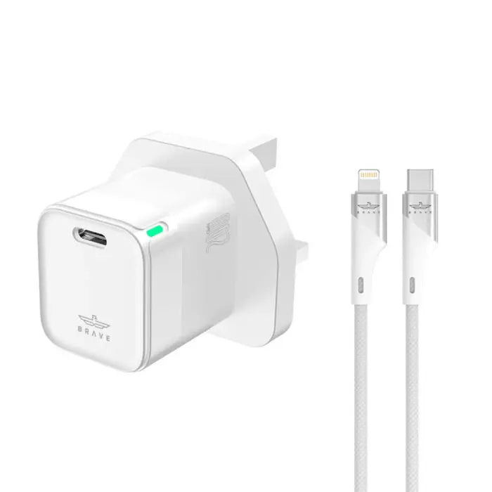 BRAVE GaN 20W PD Fast Charger | Compact USB-C Adapter with QC3.0 & Smart Protection | Includes Type-C to Lightning Cable - Damoo
