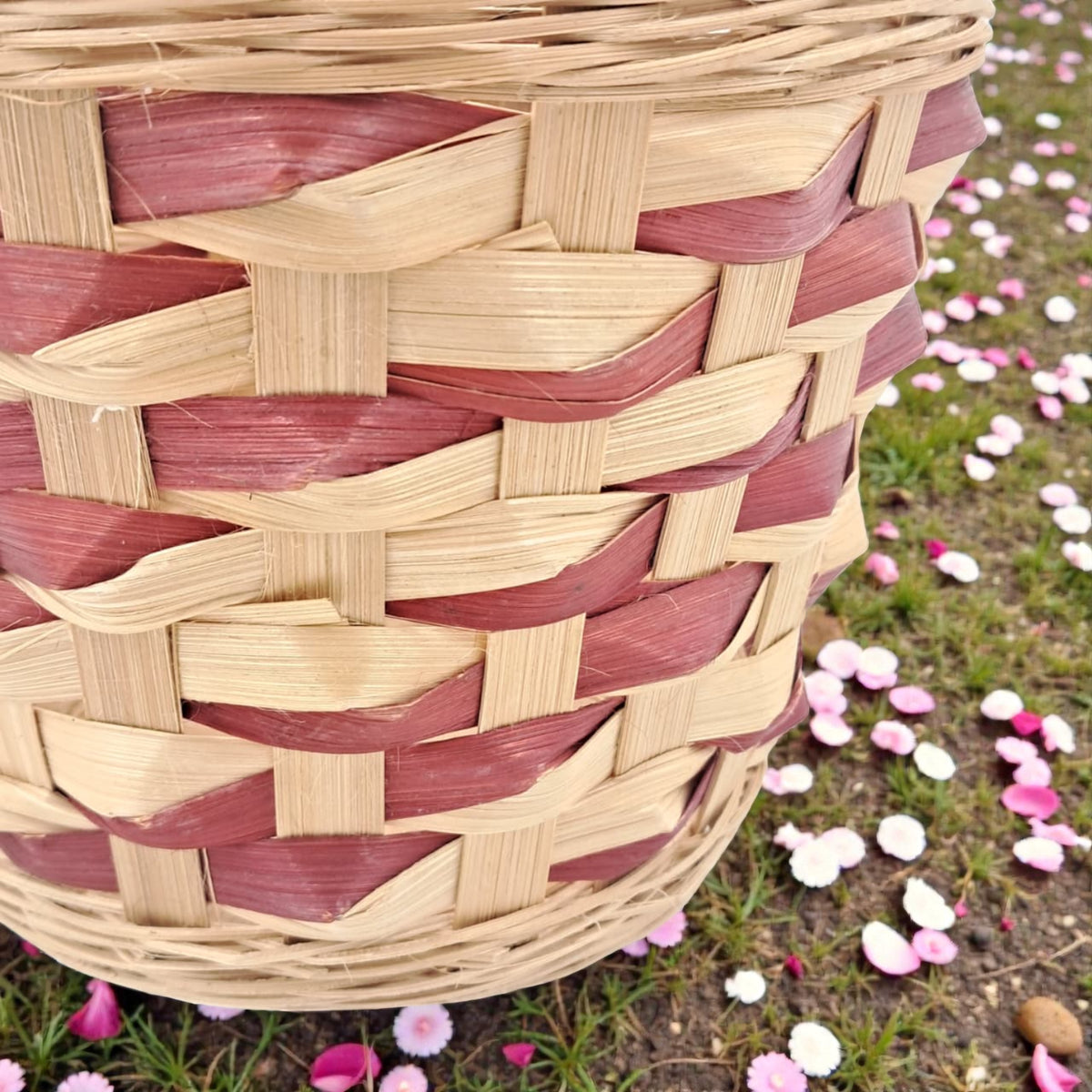 Handwoven Round Bamboo Basket – Natural & Red Accent Decorative Storage Basket (16H x 19L × 19W CM) - Damoo
