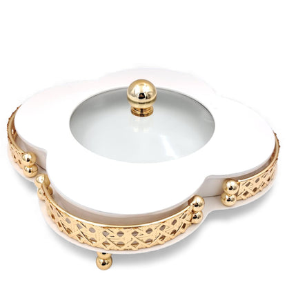 Elegant Ceramic Serving Bowl with Golden Metal Stand and Glass Lid – Luxury Flower-Shaped Dish for Sweets, Snacks & Dry Fruits | Al Habbai Collection - Damoo