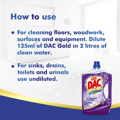 DAC Gold Multi-Purpose Disinfectant & Liquid Cleaner Lavender – 3L + 1L Offer Pack, Kills 99.9% of Germs & Bacteria, Long-Lasting Freshness & All-Purpose Home Cleaning Solution - Damoo