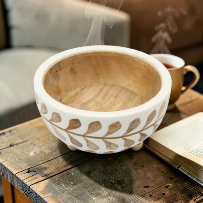 Round Squat Decorative Storage Box with Whitewash Carving – Handmade Wooden Box with Lid & Metal Feet – Elegant Home Décor Organizer (12H x 13L x 13W CM)
