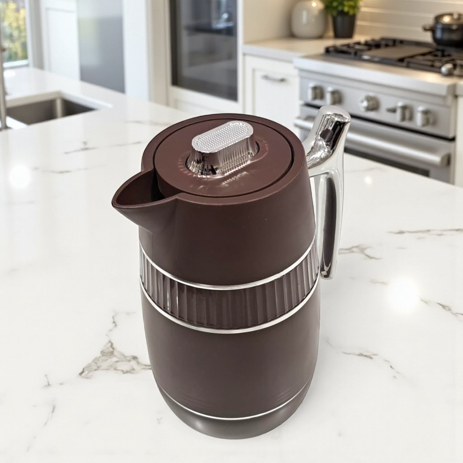 GERMAX Premium Insulated Thermos Flask – Brown with Chrome Handle & Lid – Vacuum Jug for Hot & Cold Drinks, Durable Plastic Body, Elegant Design, 1L Capacity - Damoo
