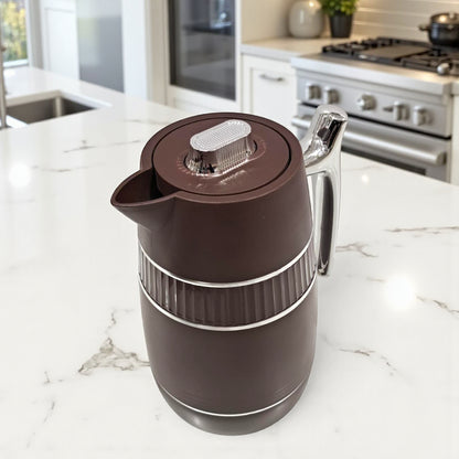 GERMAX Premium Insulated Thermos Flask – Brown with Chrome Handle & Lid – Vacuum Jug for Hot & Cold Drinks, Durable Plastic Body, Elegant Design, 1L Capacity - Damoo