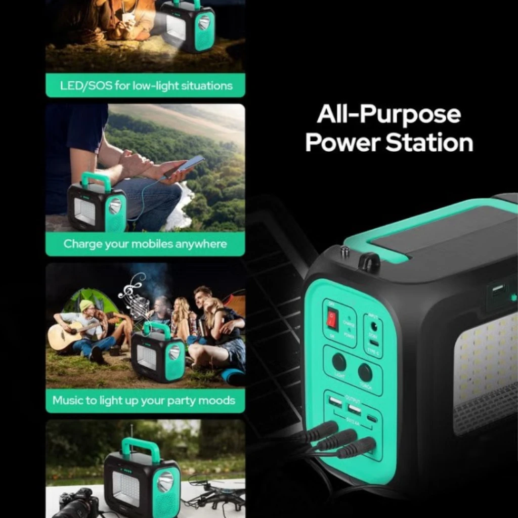Impex Multifunctional Portable Power Station IP 12001 – 12000mAh Li-Iron Battery with 6V 8W Solar Panel, 5W Torch, FM Radio, Bluetooth Speaker, 3x2W LED Bulbs & Warning Lights – Ideal for Camping, Emergency & Outdoor Use - Damoo