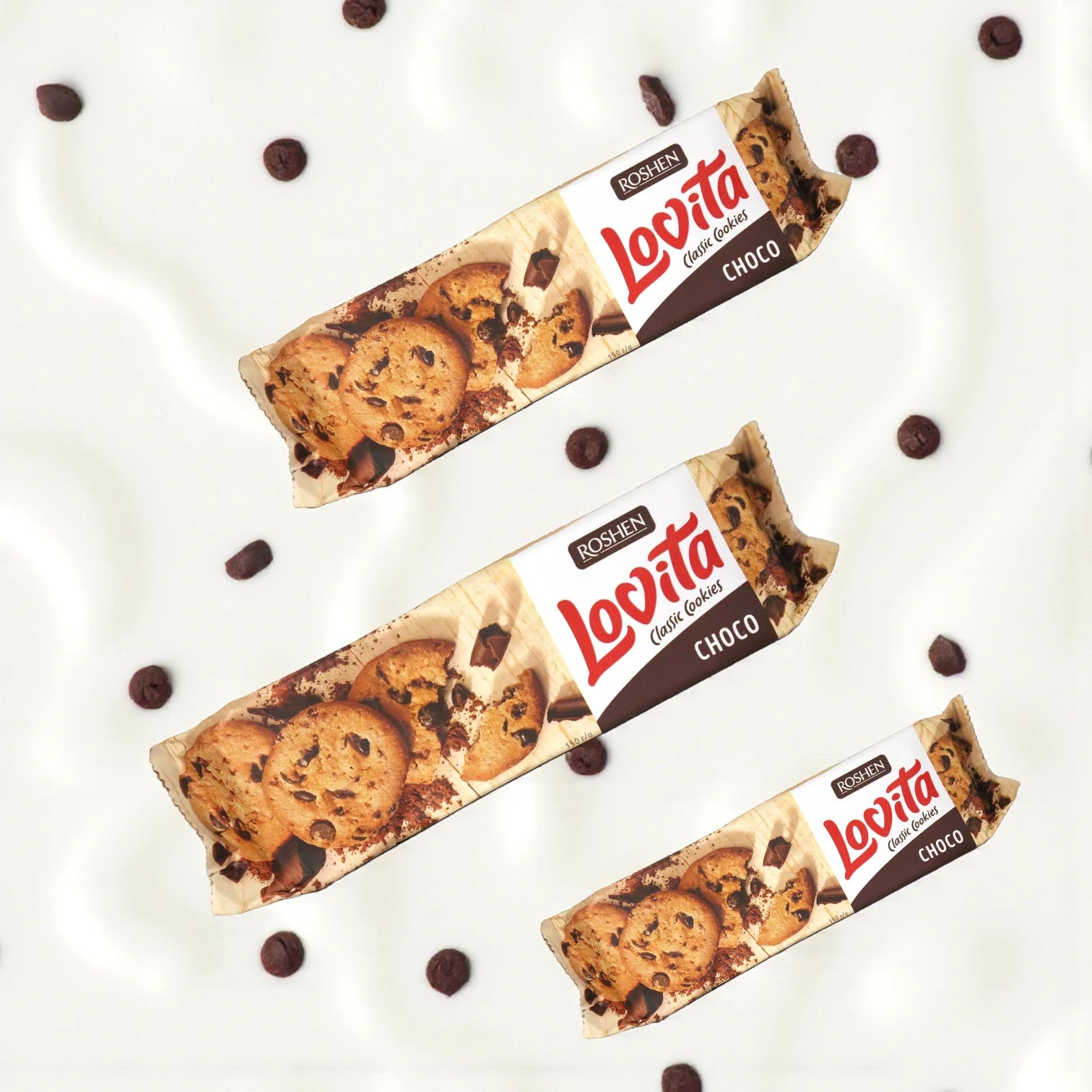 Roshen Lovita Classic Cookies with Chocolate Chips – Pack of 3 | Rich Chocolate Flavor | Natural Ingredients | Resealable Pack - Damoo