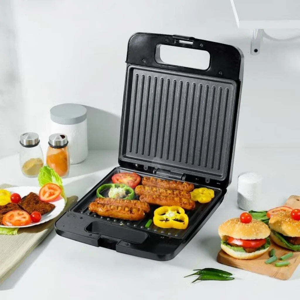 Geepas 4-Slice Electric Grill Maker GGT671 with Non-Stick Cooking Plates, 1400W , Cool Touch Handle, Power &amp; Ready Indicator, Thermostat Control &amp; Upright Storage – Stainless Steel Black Panini Press - Damoo
