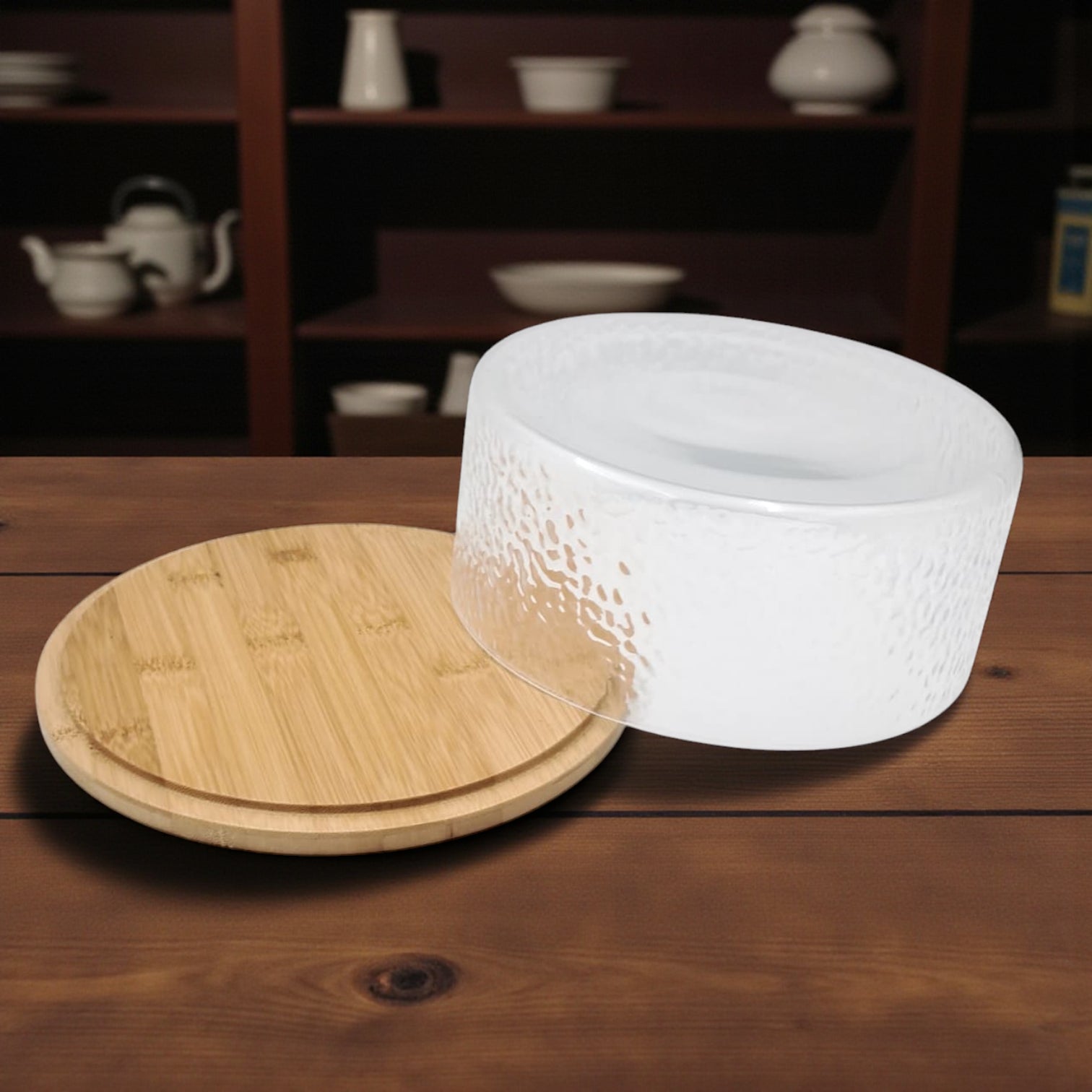Textured Glass Cake Dome with Bamboo Base | Elegant Serving Display Cover for Cakes, Pastries & Cheese | Eco-Friendly & Modern Kitchenware