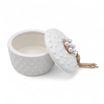 Elegant Porcelain Jewelry Box with Pearl & Crystal Lid – White Round Decorative Trinket Holder with Golden Tassel Accent
