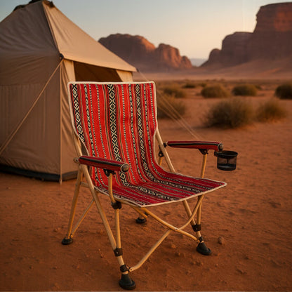 Foldable Heritage Sadu Camping Chair – Traditional Red Arab Design with Cup Holder & Armrests – Heavy-Duty Portable Outdoor Chair for Desert, Beach, BBQ, Travel, Fishing, Picnic & Majlis