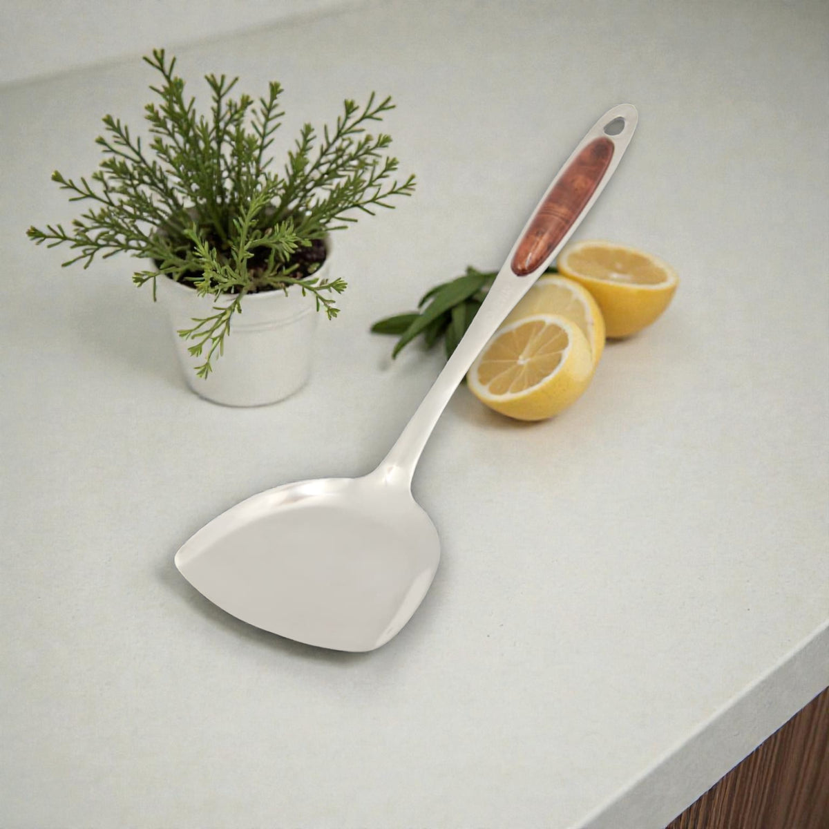 Premium Stainless Steel Kitchen Turner Spatula with Wood-Style Ergonomic Handle – Heavy Duty Cooking & Frying Turner for Pancakes, Eggs, Fish, Burgers & Everyday Use (3H x 10W x 36L CM) - Damoo
