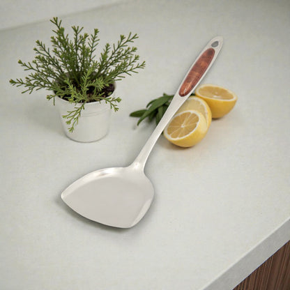 Premium Stainless Steel Kitchen Turner Spatula with Wood-Style Ergonomic Handle – Heavy Duty Cooking & Frying Turner for Pancakes, Eggs, Fish, Burgers & Everyday Use (3H x 10W x 36L CM) - Damoo