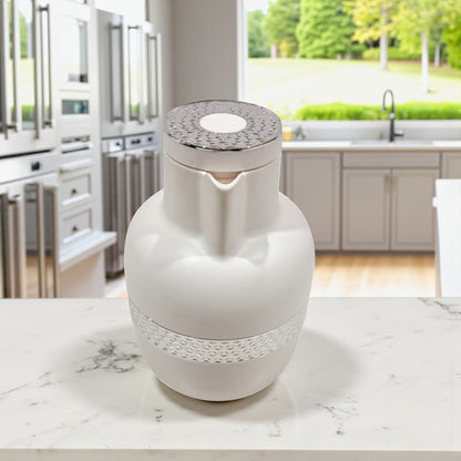 Ansa Original White Vacuum Flask 1L – Luxury Gold & Silver Band Thermos | Premium Insulated Glass Liner | 12H Heat Retention | Arabic Coffee & Tea Pot - Damoo