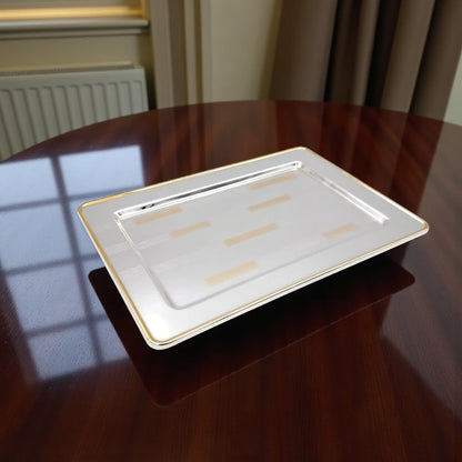 Ansa Luxury Rectangular Serving Tray – Premium Silver Shine with Elegant Gold Border Pattern | Durable, Lightweight & Stylish for Tea, Coffee, Snacks, Desserts & Home Hospitality – H(1cm) x W(24cm) x L(34cm)