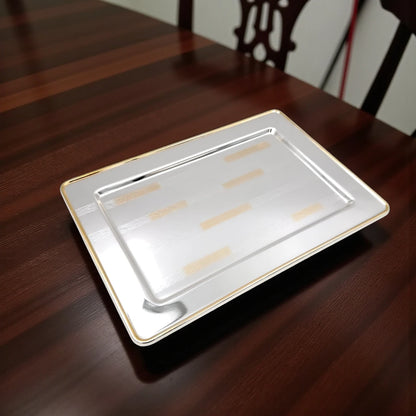 Ansa Luxury Rectangular Serving Tray – Premium Silver Shine with Elegant Gold Border Pattern | Durable, Lightweight & Stylish for Tea, Coffee, Snacks, Desserts & Home Hospitality – H(1cm) x W(24cm) x L(34cm)