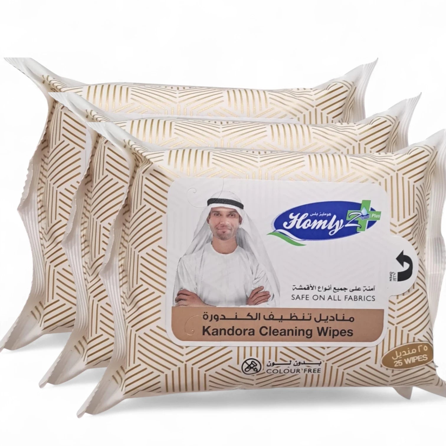 مناديل تنظيف هوملي بلس للكندورة - ٣ عبوات × ٢٥ منديلًا | آمنة على جميع الأقمشة، خالية من الألوان، لطيفة على الكندورة والملابس التقليدية