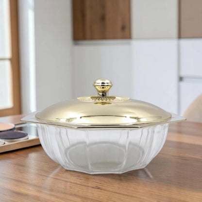 Multi-Purpose Acrylic Serving Bowl with Lid Gold Knob Decorative Table Bowl for Sweets Nuts & Snacks (H(13cm) x W(19.5cm) x L(22cm) x Base(18cm) x cap(18cm)) - Damoo