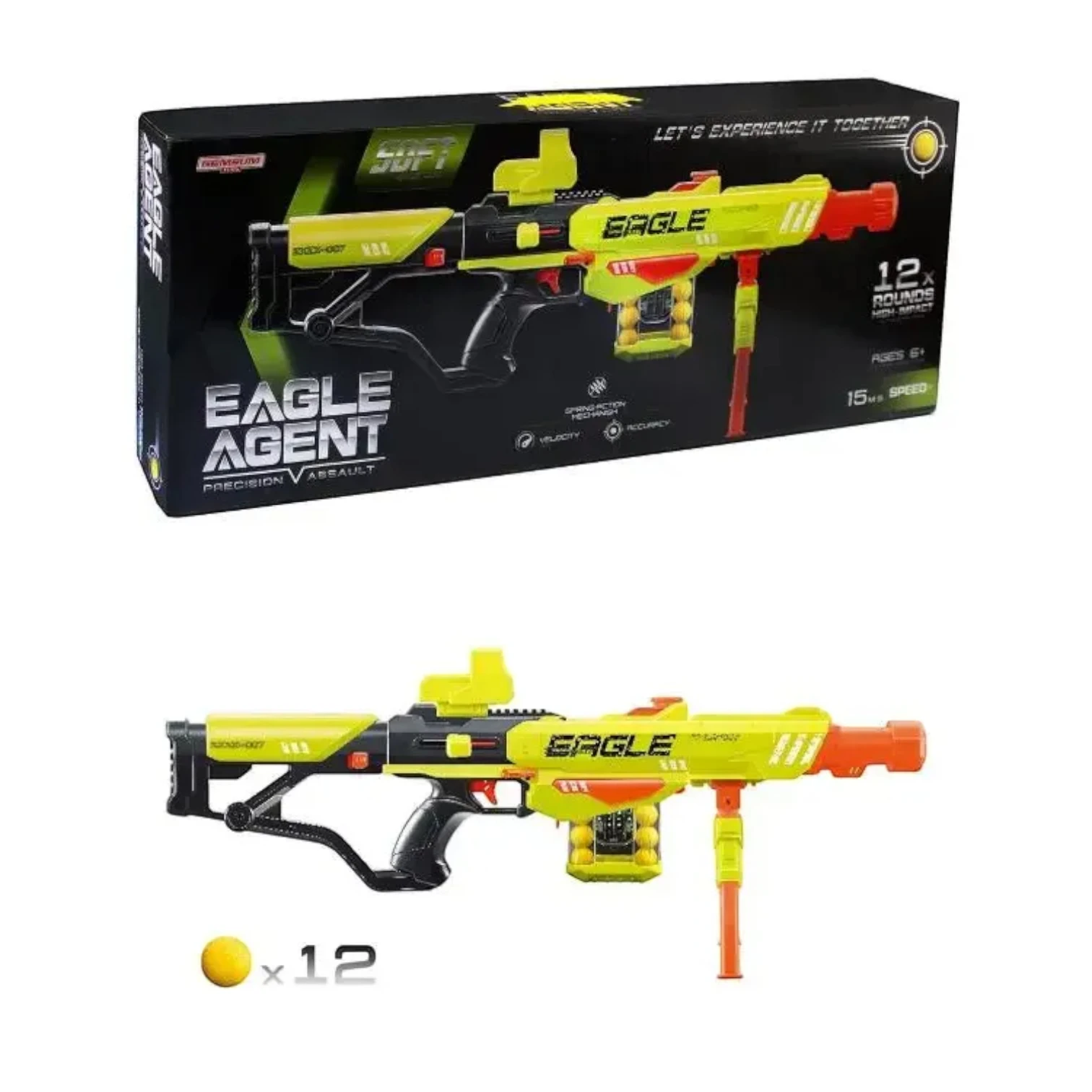 Eagle Agent Precision Assault Blaster – 12 Soft Ball Rounds, Mechanical Spring-Action Toy Rifle with Scope & Bipod, Kids Nerf Rival Style Gun - 6+ Years