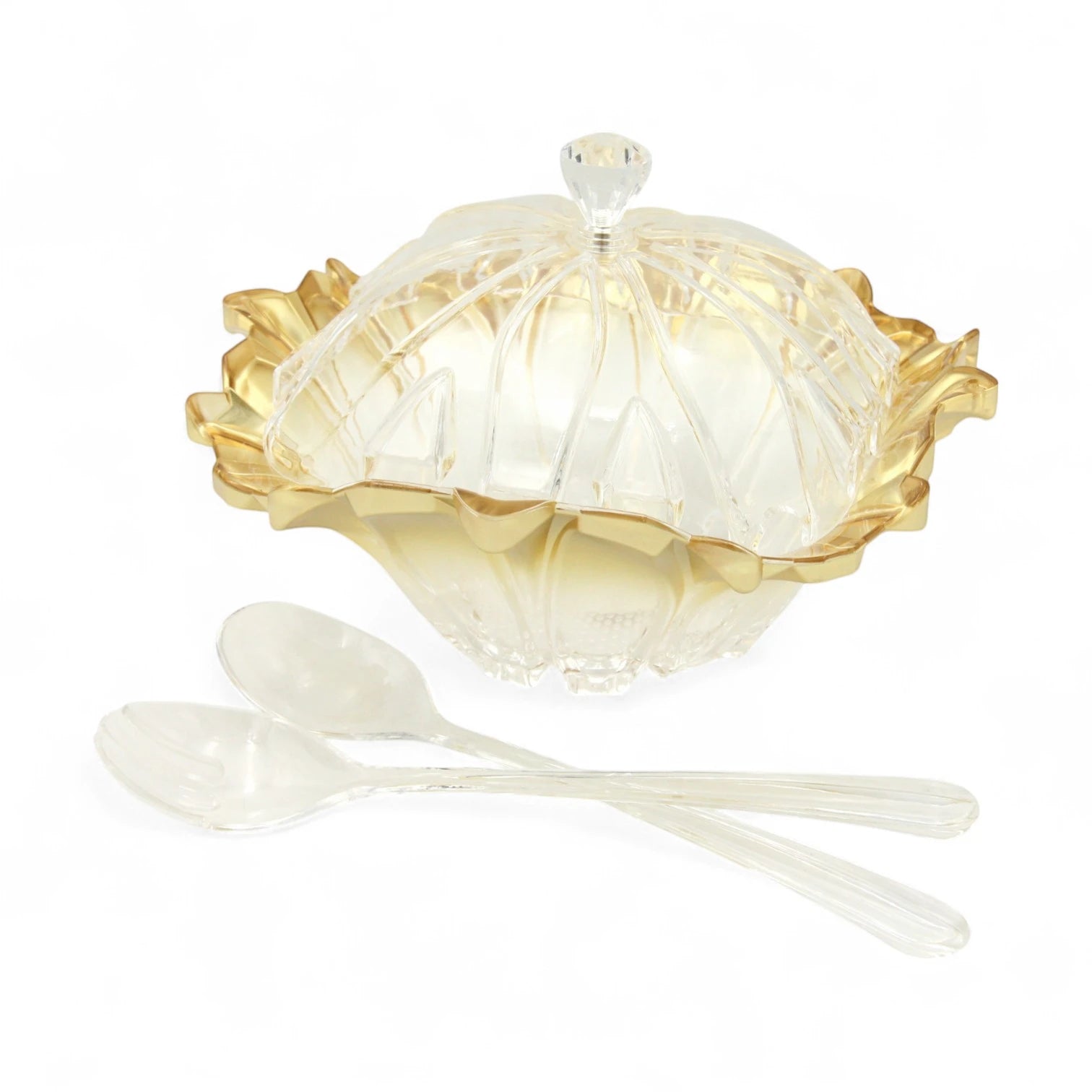 Clear Acrylic Salad & Appetizer Serving Bowl with Lid, Gold-Edged Base & 2 Matching Clear Spoons – Elegant Serving Dish with Handle-Top Cover - Damoo