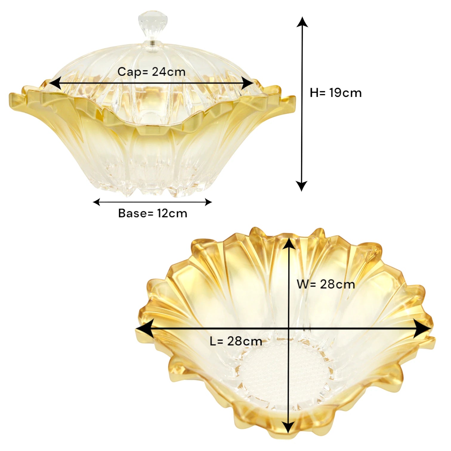 Clear Acrylic Salad & Appetizer Serving Bowl with Lid, Gold-Edged Base & 2 Matching Clear Spoons – Elegant Serving Dish with Handle-Top Cover - Damoo