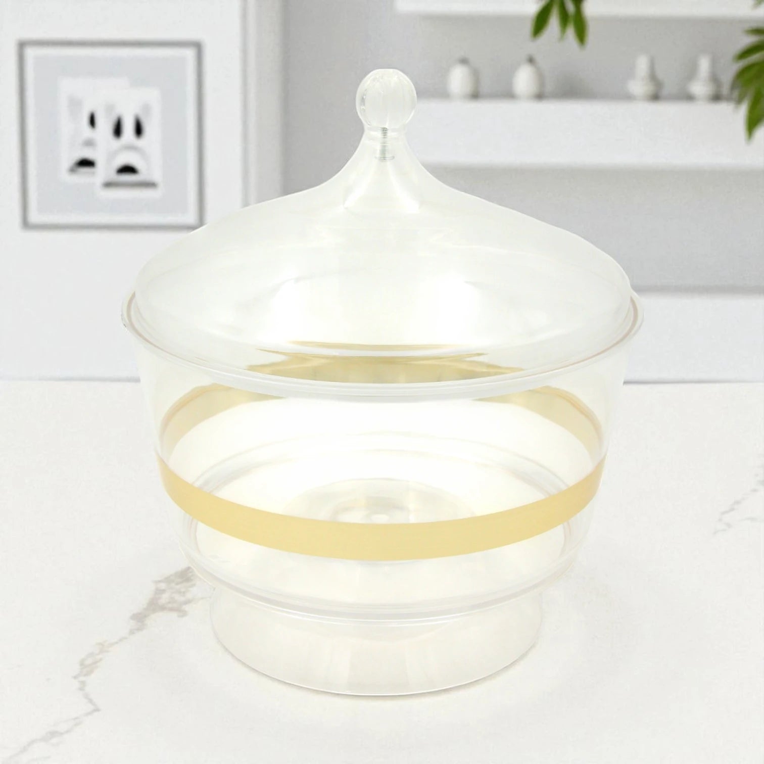 Clear Acrylic Serving Bowl with Lid, Gold Strap Accent & Pedestal Base – Elegant Food Server for Salads, Rice, and More - Damoo