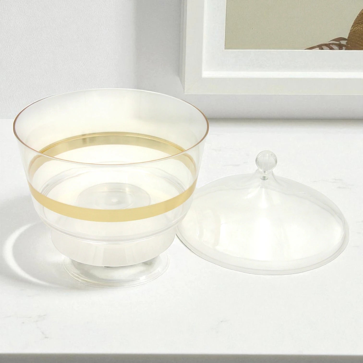 Clear Acrylic Serving Bowl with Lid, Gold Strap Accent & Pedestal Base – Elegant Food Server for Salads, Rice, and More - Damoo