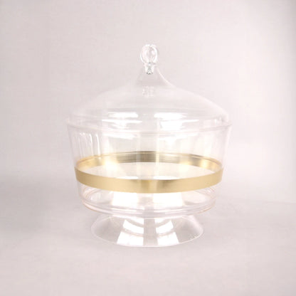 Clear Acrylic Serving Bowl with Lid, Gold Strap Accent & Pedestal Base – Elegant Food Server for Salads, Rice, and More - Damoo